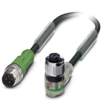 Phoenix Contact M12 to M12 Cordset; SAC-4P-M12MS/0.6-PUR/M12FR-3L; Female Right Angle to Male Straight; 4-Pin; 4-Wire to 4-Pin; 0.6m PUR Cable; w/ LEDs